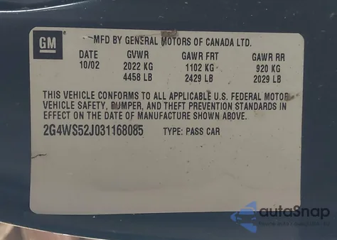 2003 Buick Century Custom from USA, damaged, VIN 2G4WS52J031168085